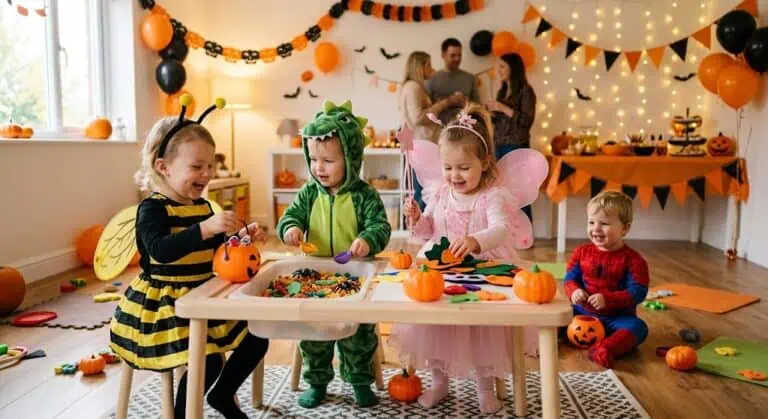 Kids in costumes enjoying Halloween crafts and treats at a toddler party.