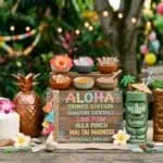 Tropical Luau Party Ideas for Summer (That Actually Feel Like the Islands) Vibrant tropical drink station with tiki mugs, flowers, and colorful decorations for parties.