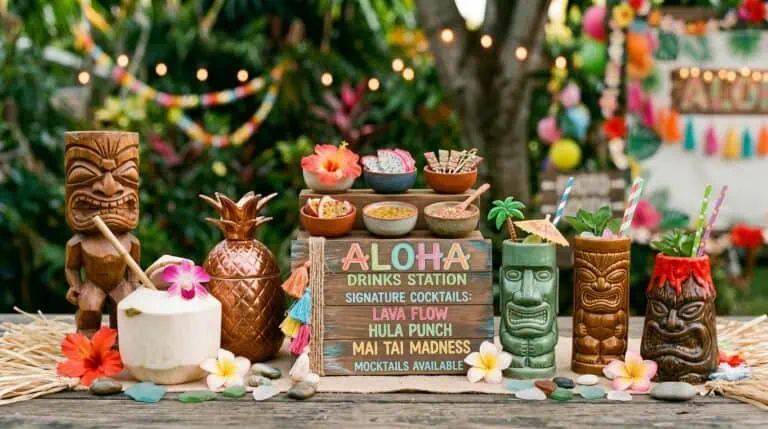Vibrant tropical drink station with tiki mugs, flowers, and colorful decorations for parties.