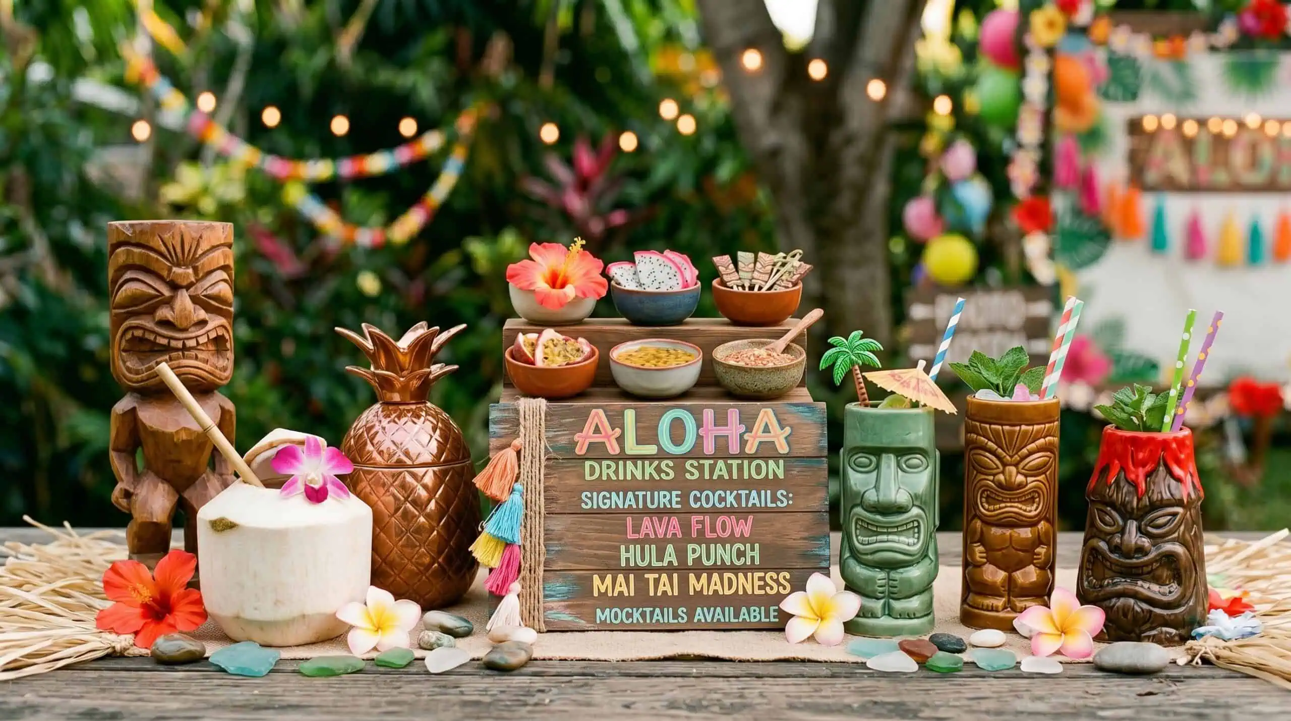 Vibrant tropical drink station with tiki mugs, flowers, and colorful decorations for parties.