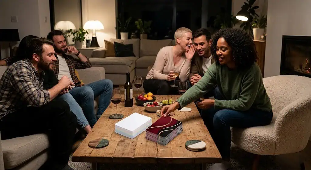 People enjoying a cozy game night at home.