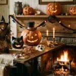19 Vintage Halloween Decoration Ideas to Haunt Your Home Halloween party decorations with spooky themed props and cozy fireplace ambiance. Perfect for festive celebrations and costume fun.