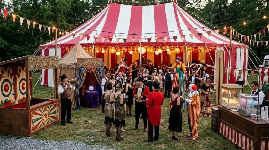 Colorful vintage circus themed party with striped bunting, popcorn stands, and carnival style decorations