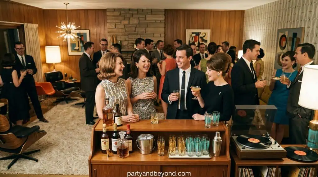 Mid century modern cocktail party setup with amber glassware, retro colors, and minimalist vintage decor