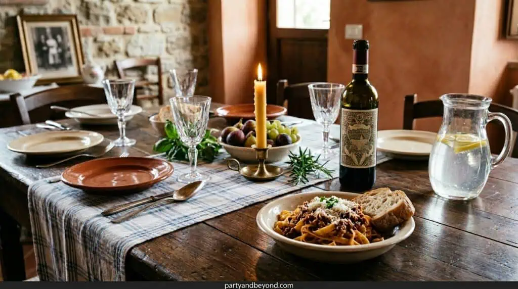 Italian vintage dinner table with wine bottles, candles, and rustic red checkered tablecloth vintage party theme ideas