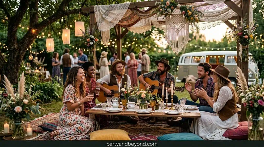 Boho vintage outdoor wedding style setup with macramé backdrop, pampas grass, and warm lighting vintage party theme ideas