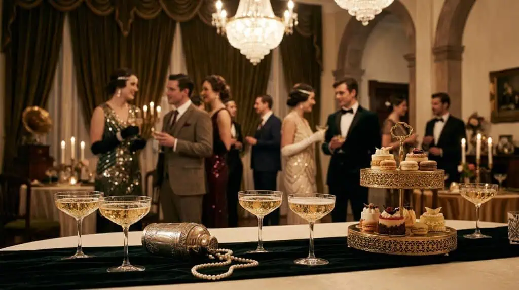Vintage 1920s party with guests in elegant attire, champagne glasses, and a tiered cake.