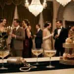 15 Vintage Party Theme Ideas for an Elegant Celebration Vintage 1920s party with guests in elegant attire, champagne glasses, and a tiered cake.