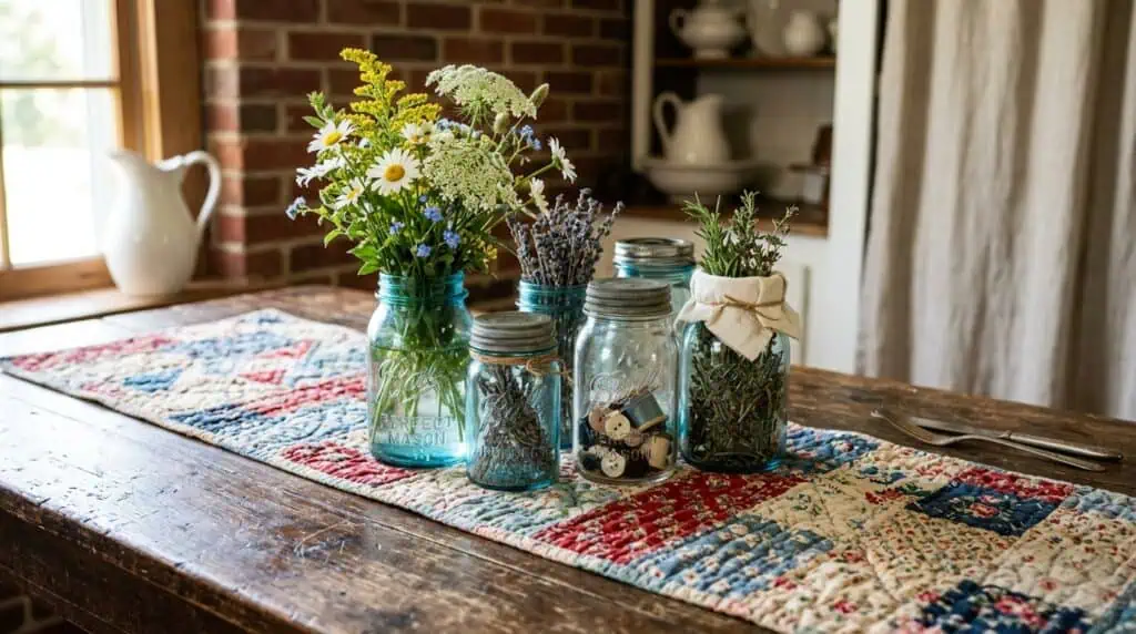 Vintage quilt table runner with mason jar floral arrangements for July Fourth