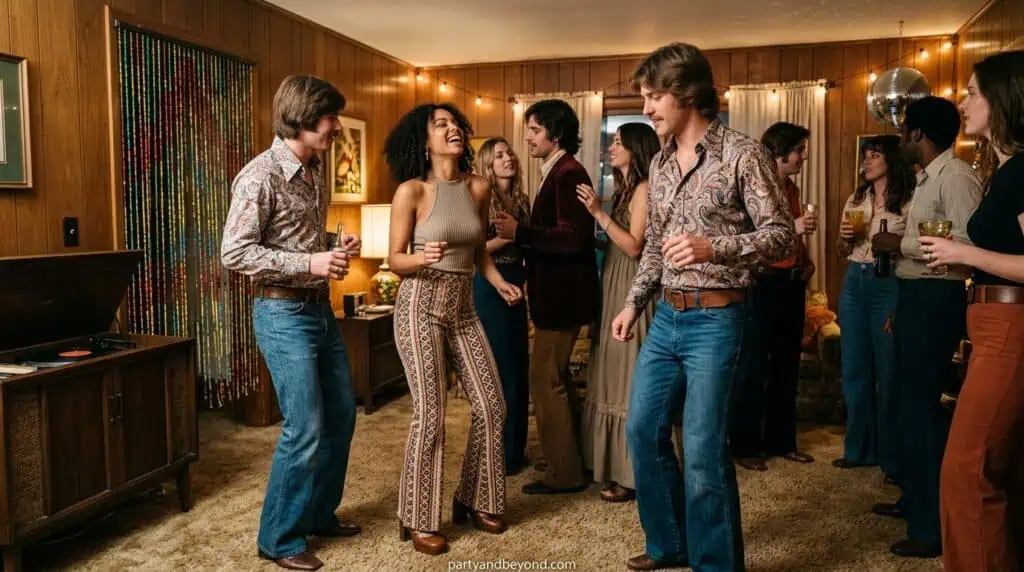 1970s retro groovy party with orange green color scheme, disco style decorations, and vintage vibe