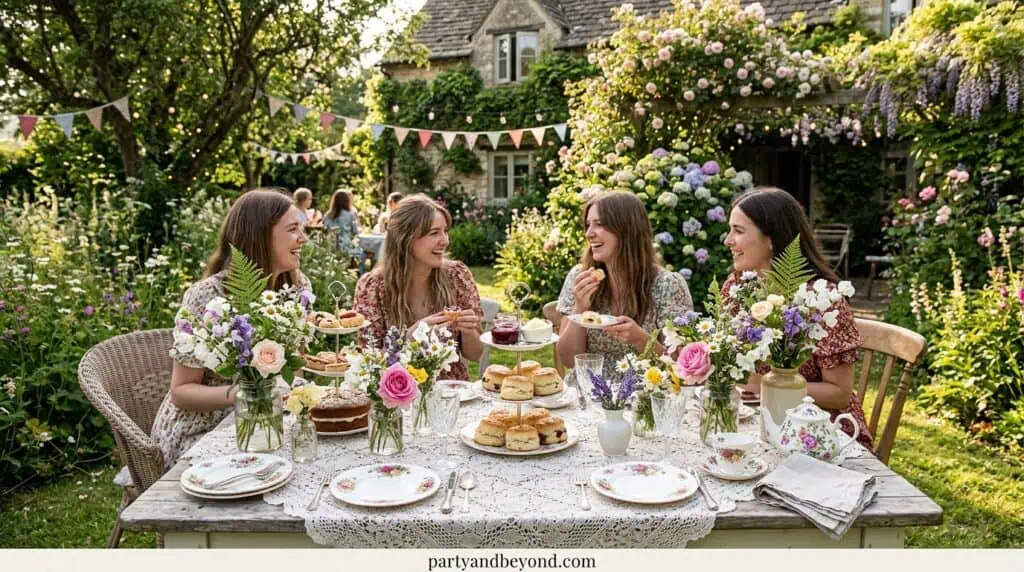 Soft cottagecore party table with dried flowers, wicker baskets, and cream linen rustic aesthetic