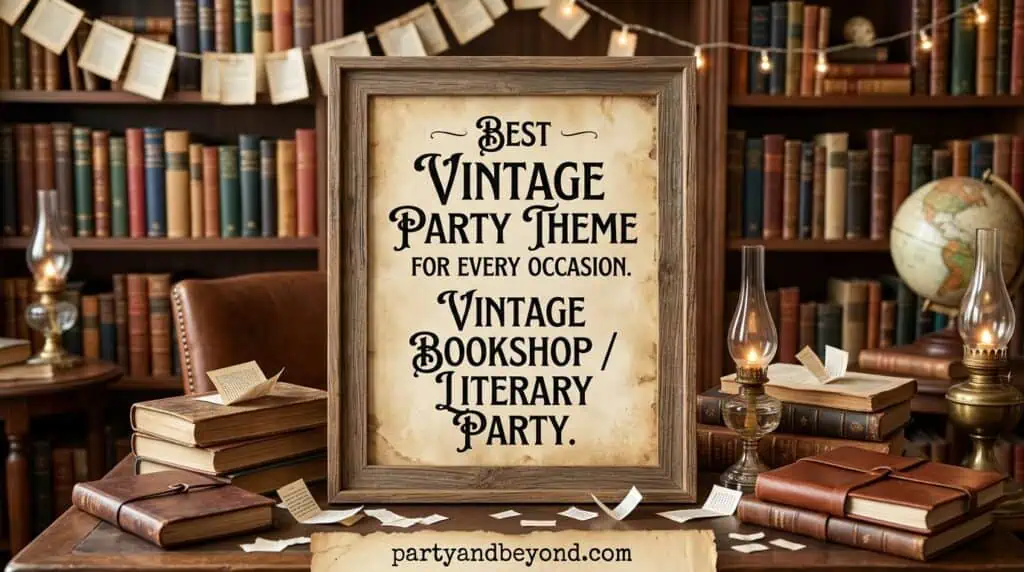 Literary vintage party with stacked old books, candles, and dark academic aesthetic decorations vintage party theme ideas