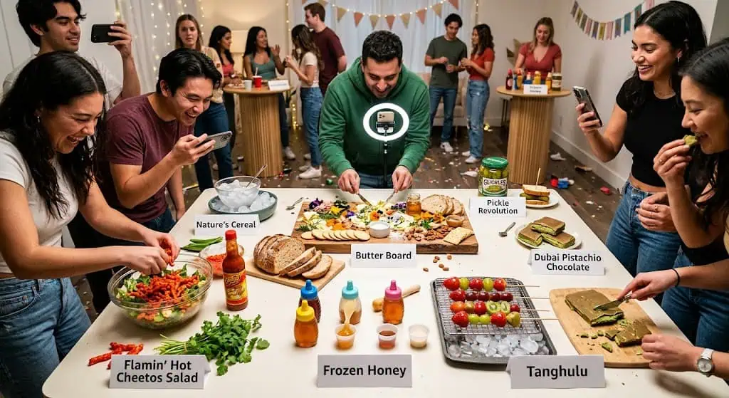 Group of friends enjoying a party with various food stations and interactive activities.