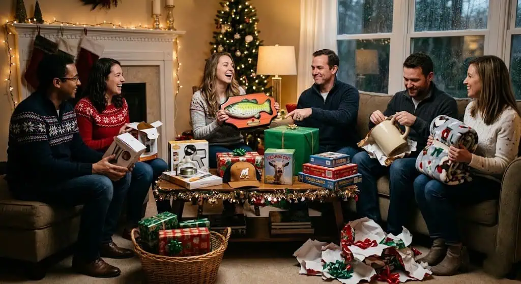 Group of friends exchanging gifts around Christmas tree in cozy living room.