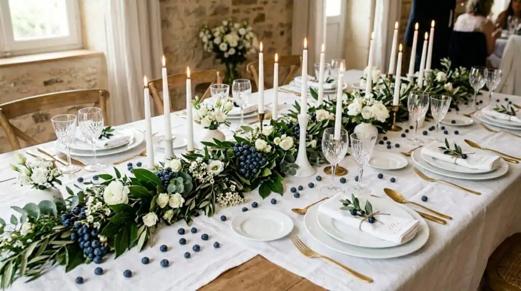 White Fourth of July tablescape featuring fresh blueberry garland centerpiece