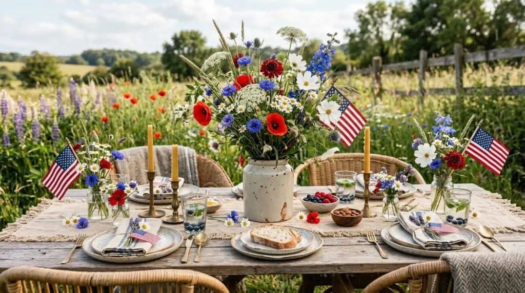 Boho wildflower tablescape with patriotic red white and blue flowers 4th of July Tablescape Ideas