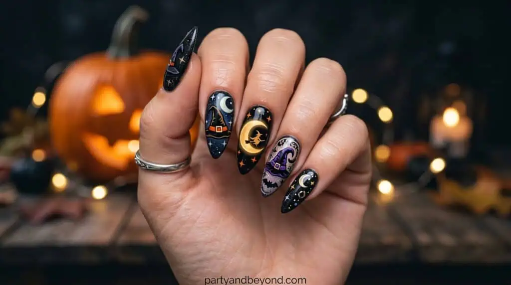 Minimal black witch hats and crescent moon designs placed on different nails for a themed look.