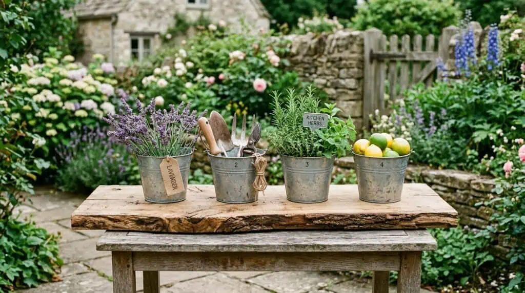 Garden tools and potted herbs on rustic wooden table in lush outdoor setting.