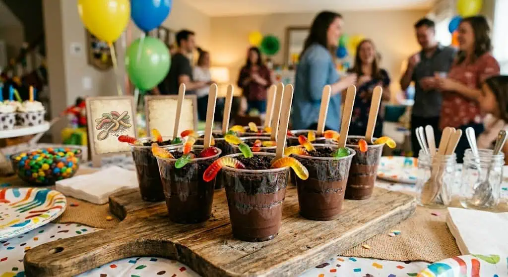 Colorful party drink shots with fruit garnishes on a wooden board at a lively celebration.