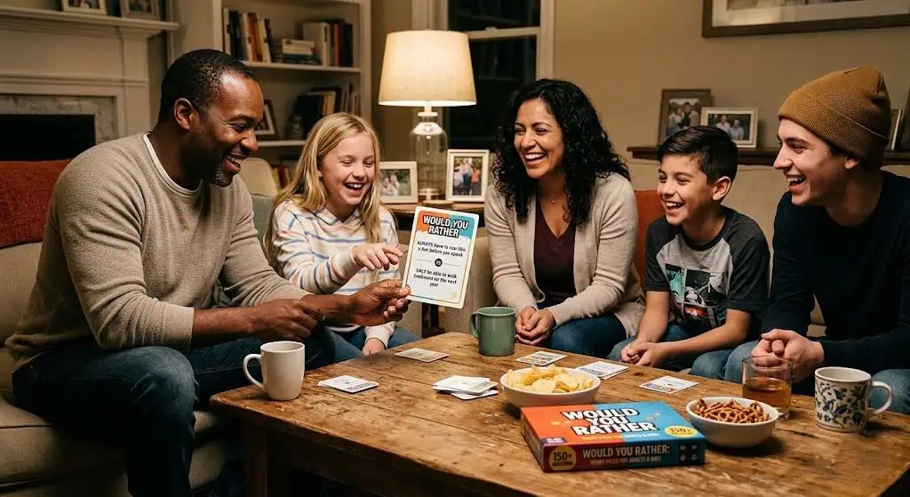Family enjoying a fun game night with friends and snacks at home.