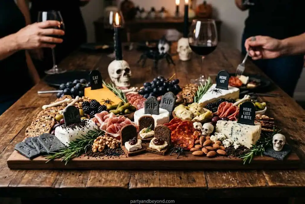 Spooky Halloween charcuterie board with skulls, candies, and themed decorations.