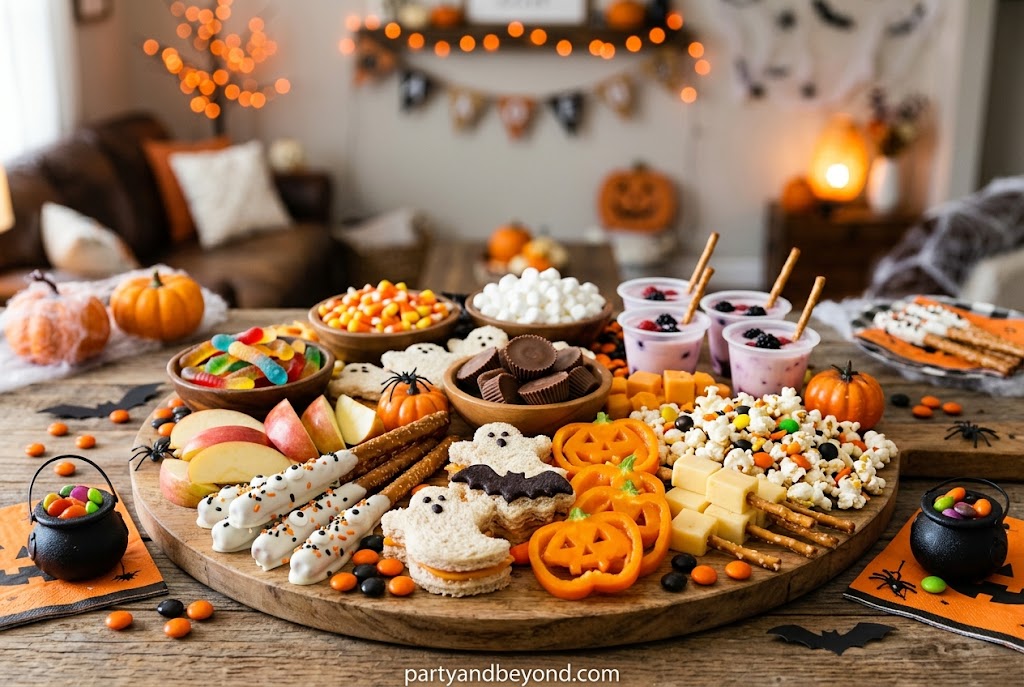 DIY Halloween lunch board with pumpkin cheese shapes, crackers, meats, and fruit Halloween charcuterie board ideas