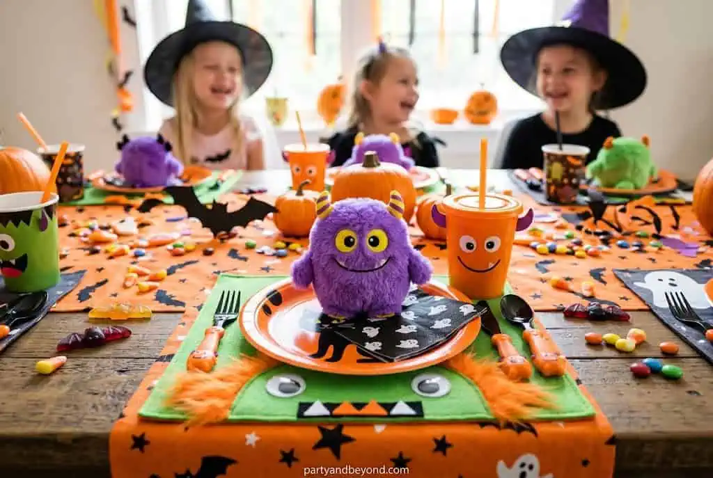 Festive Halloween ghost and strawberry desserts on a platter.