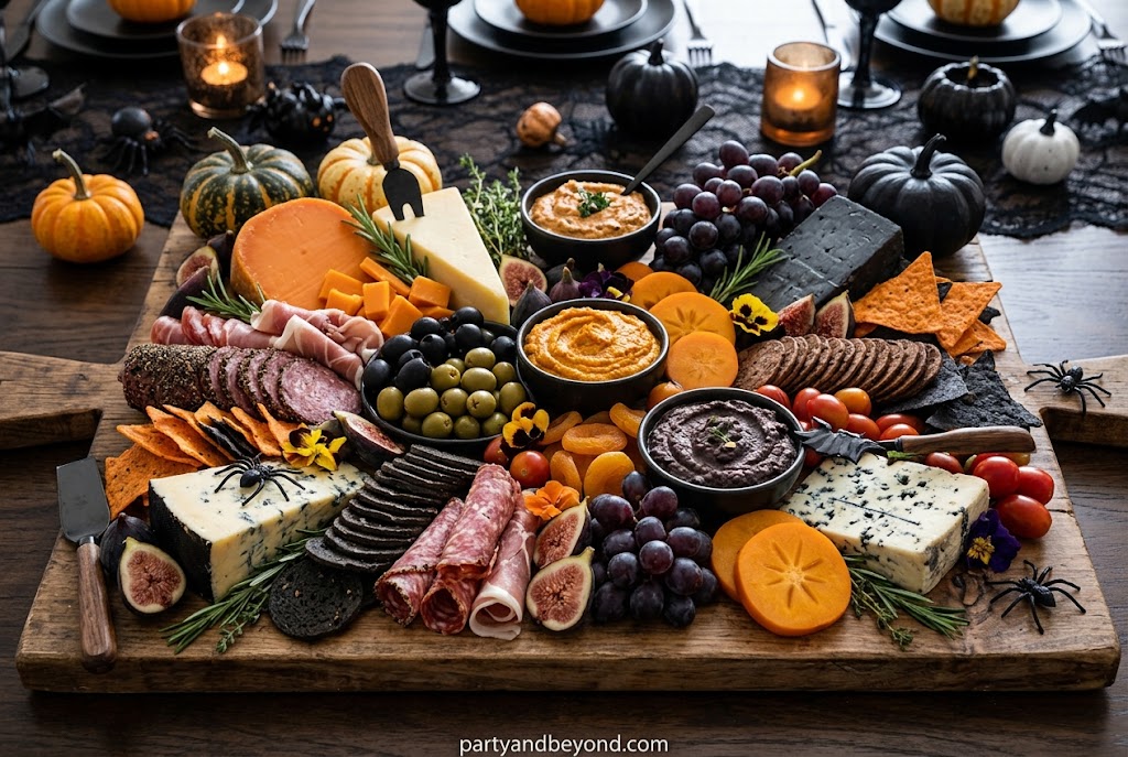 Halloween charcuterie board featuring handmade salami roses and fresh herbs.