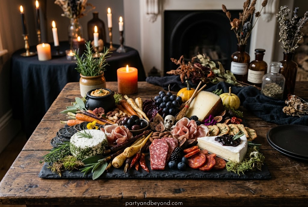 Black and orange Halloween charcuterie board with cheddar, grapes, olives, and apricots.