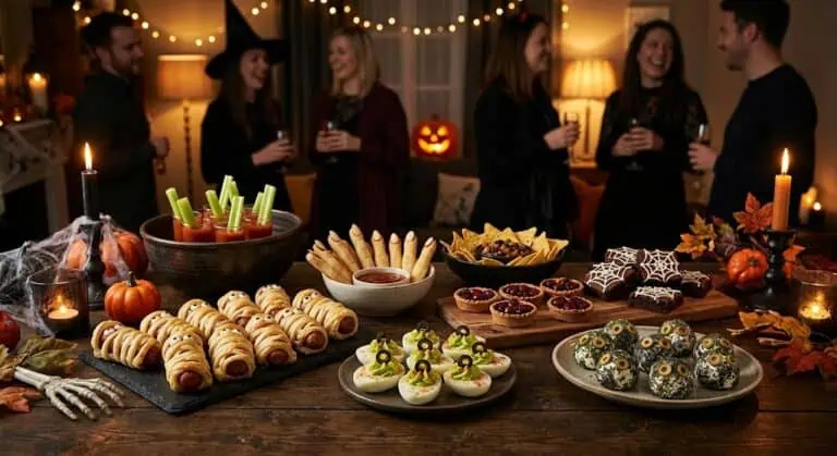 Halloween party snacks and treats with festive decorations and spooky ambiance. Perfect for celebrat.