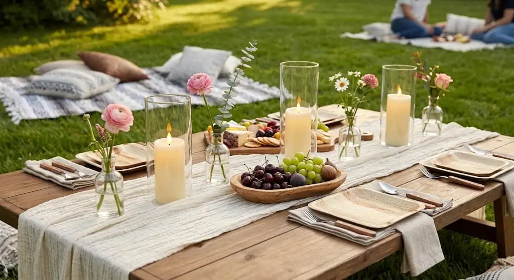 Beautiful outdoor picnic table with candles, flowers, and grapes for a stylish picnic.