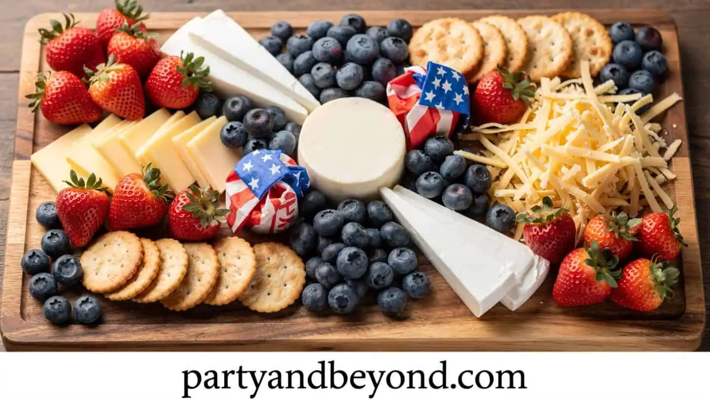 Patriotic red white and blue charcuterie board with berries cheese and crackers