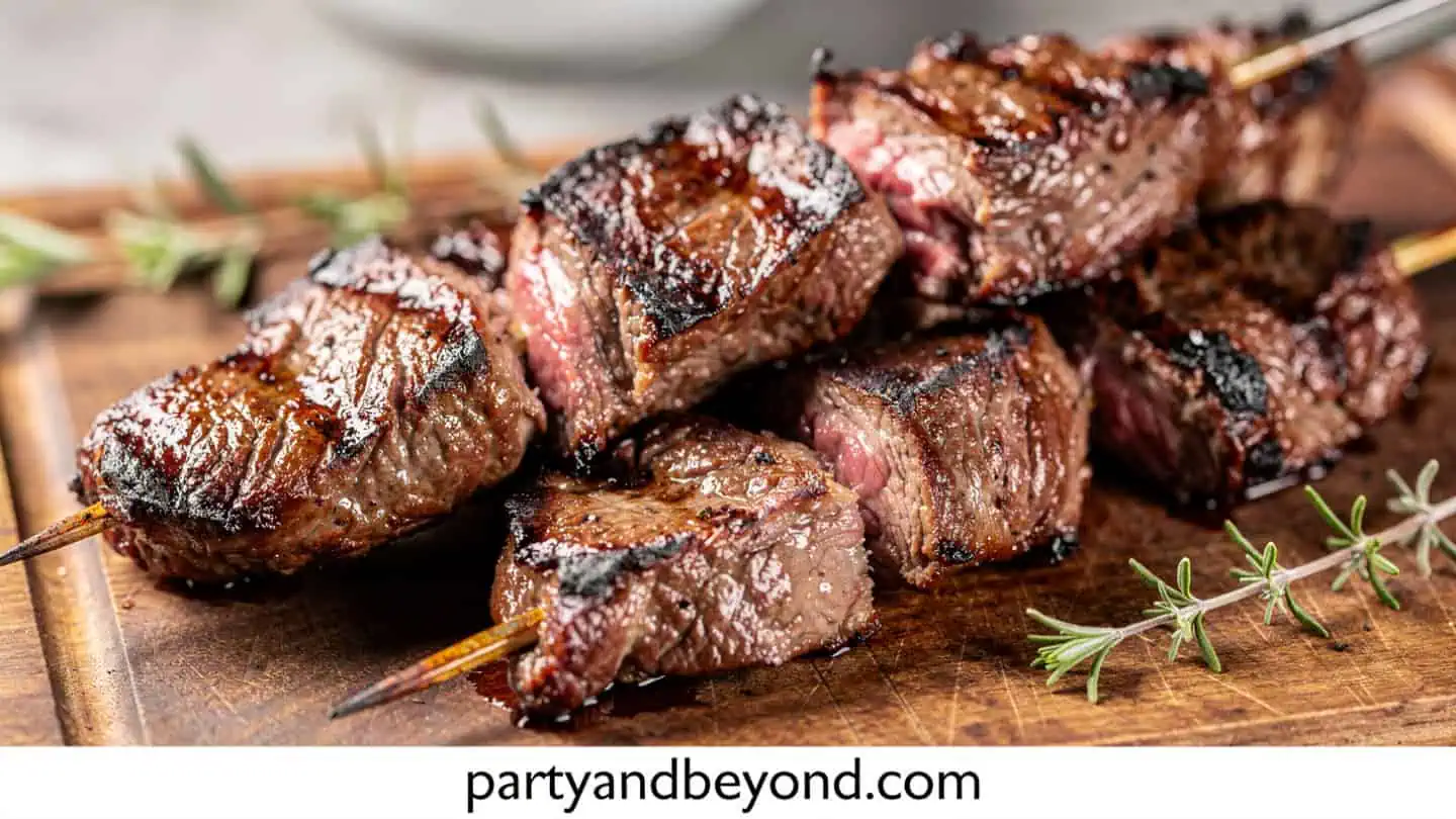 Grilled steak skewers with peppers onions and mushrooms for cookouts