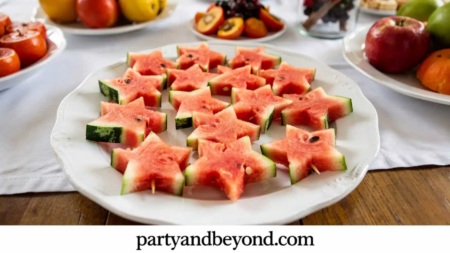 Star shaped watermelon skewers with blueberries and mozzarella for 4th of July