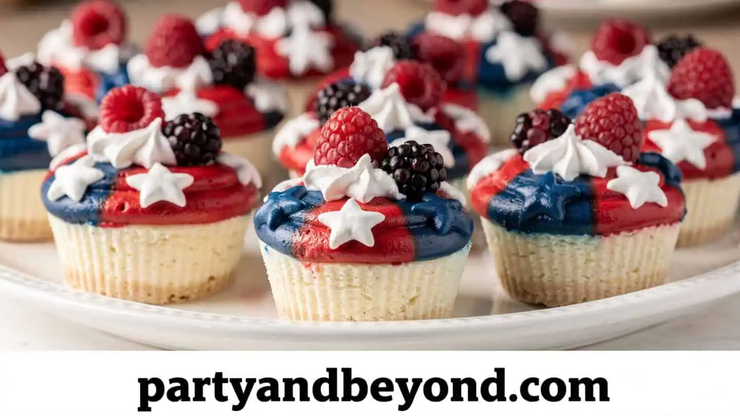 Mini patriotic cheesecake bites topped with strawberries and blueberries