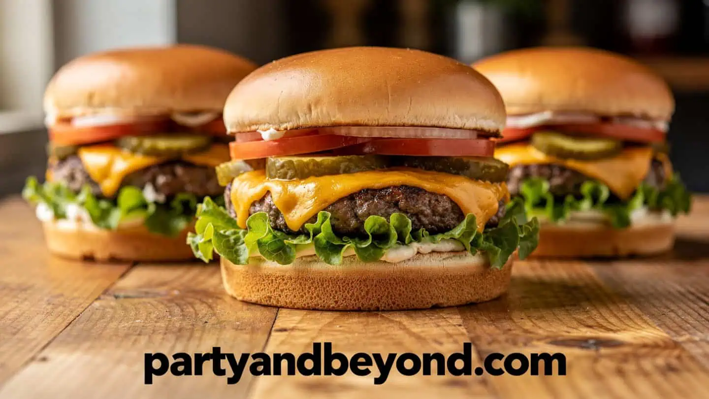 Delicious cheeseburgers with fresh lettuce, tomato, and pickles on a wooden table.Juicy grilled all American burgers with toppings for a Fourth of July BBQ