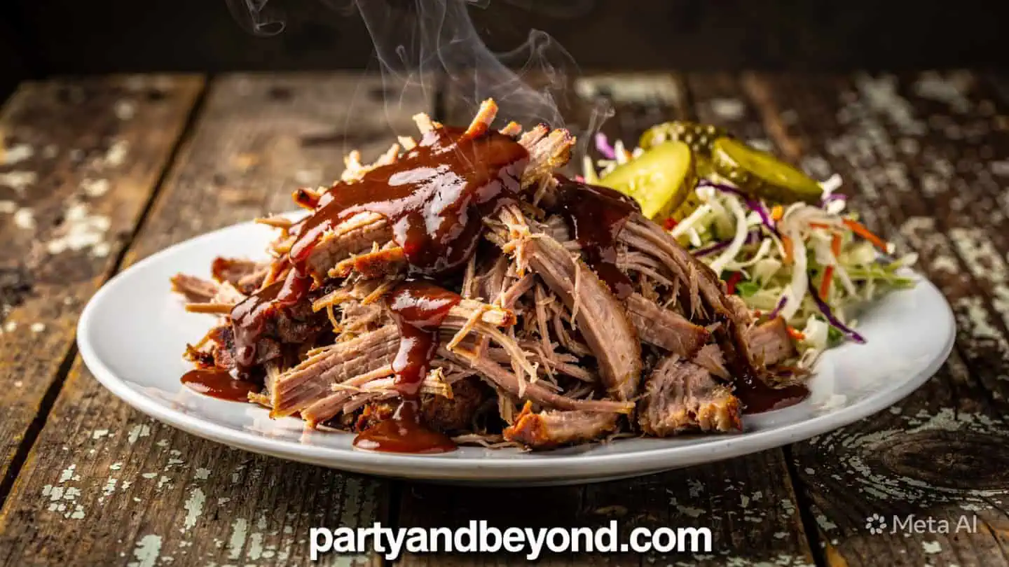 Pulled pork with barbecue sauce, served with coleslaw and pickles on a white plate.