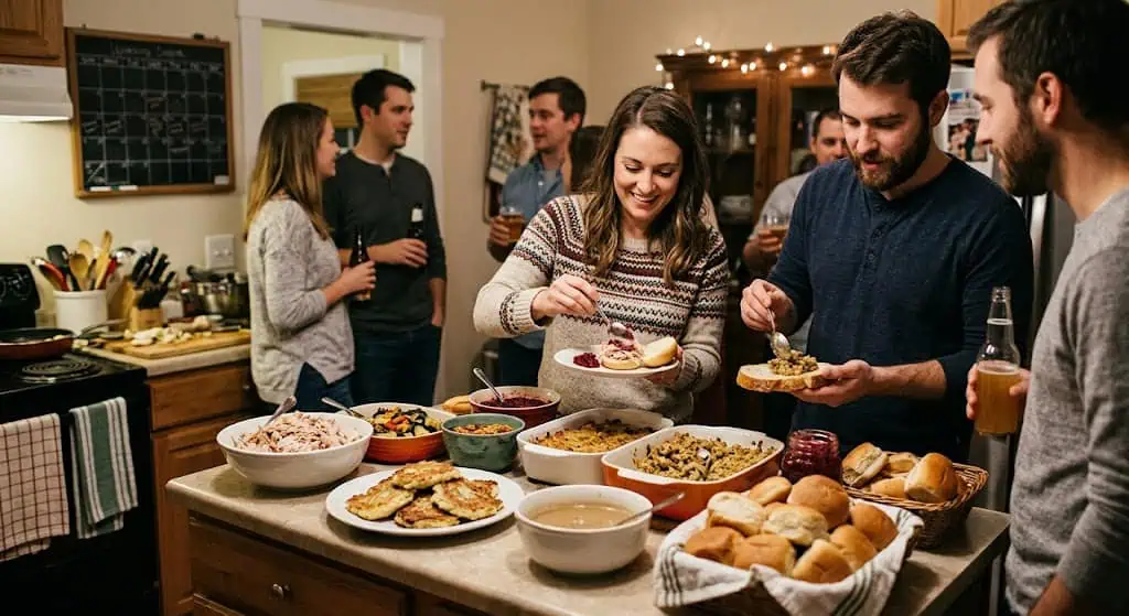 People enjoying a festive gathering with food and drinks.