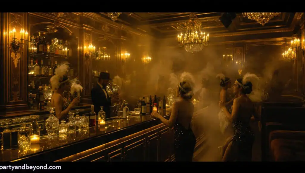 Speakeasy party theme with Edison lights, candlelit tables, password cards, and Prohibition-era decor