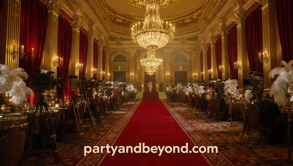 Old Hollywood party theme featuring a red carpet entrance, silver accents, and vintage movie star decor