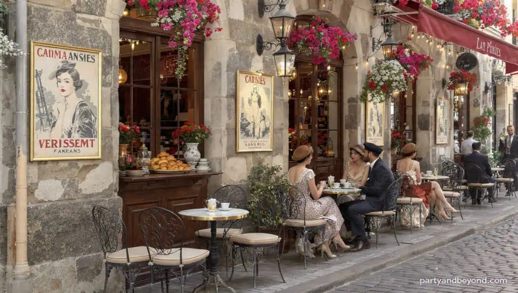 Parisian café party theme featuring striped linens, macarons, candles, and French-inspired decor