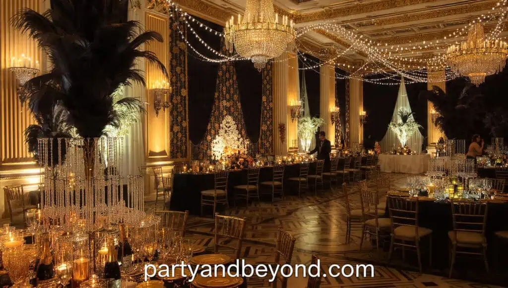 Great Gatsby party theme with black and gold table decor, feather centerpieces, and champagne coupes
