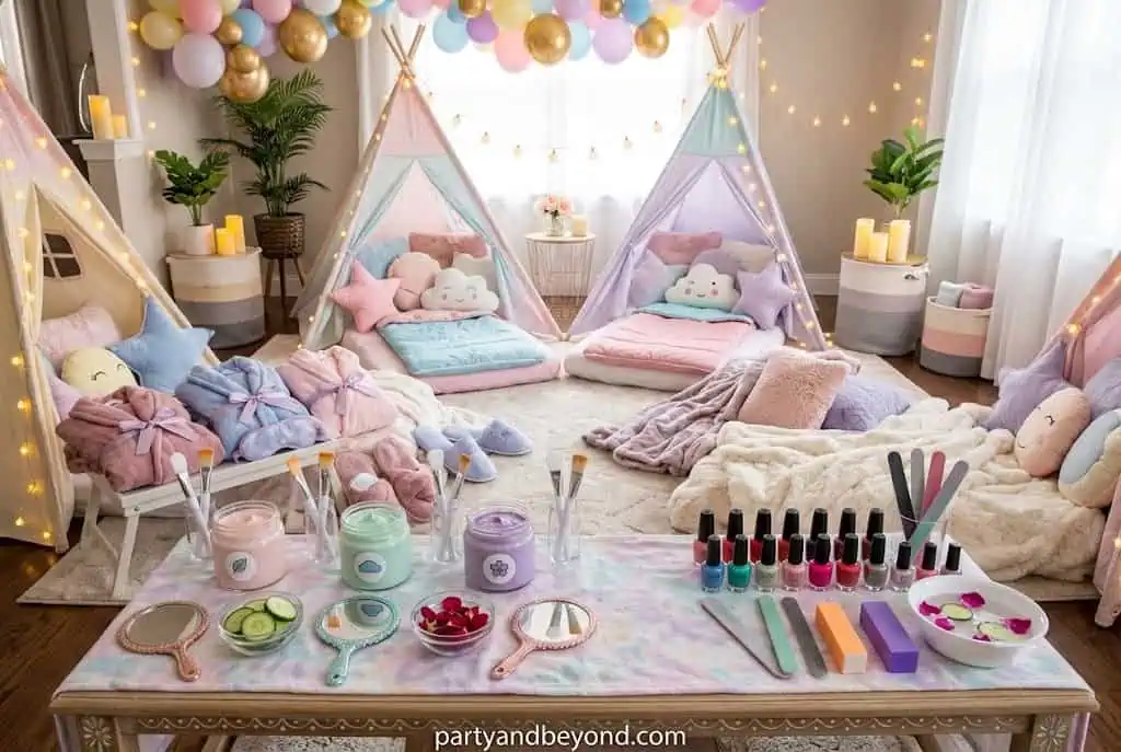 13 year old girls enjoying a spa night sleepover with face masks and string lights