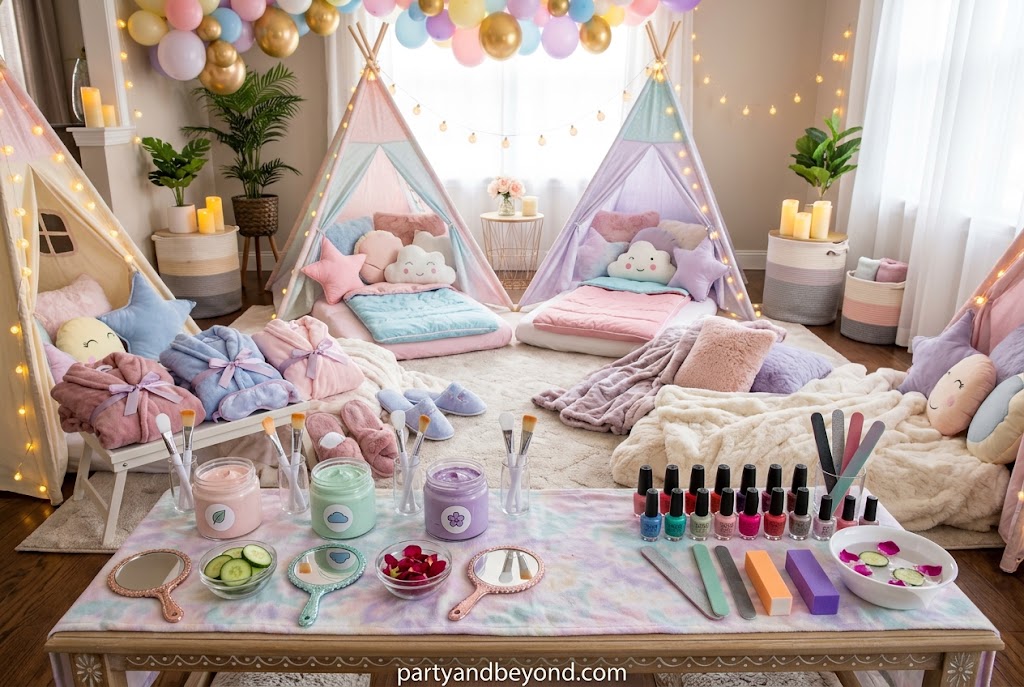 13 year old girls enjoying a spa night sleepover with face masks and string lights
