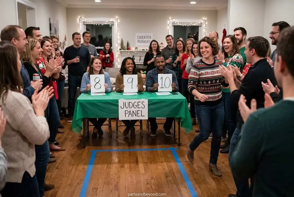 Guests modeling ugly Christmas sweaters on a DIY runway while judges score each outfit.