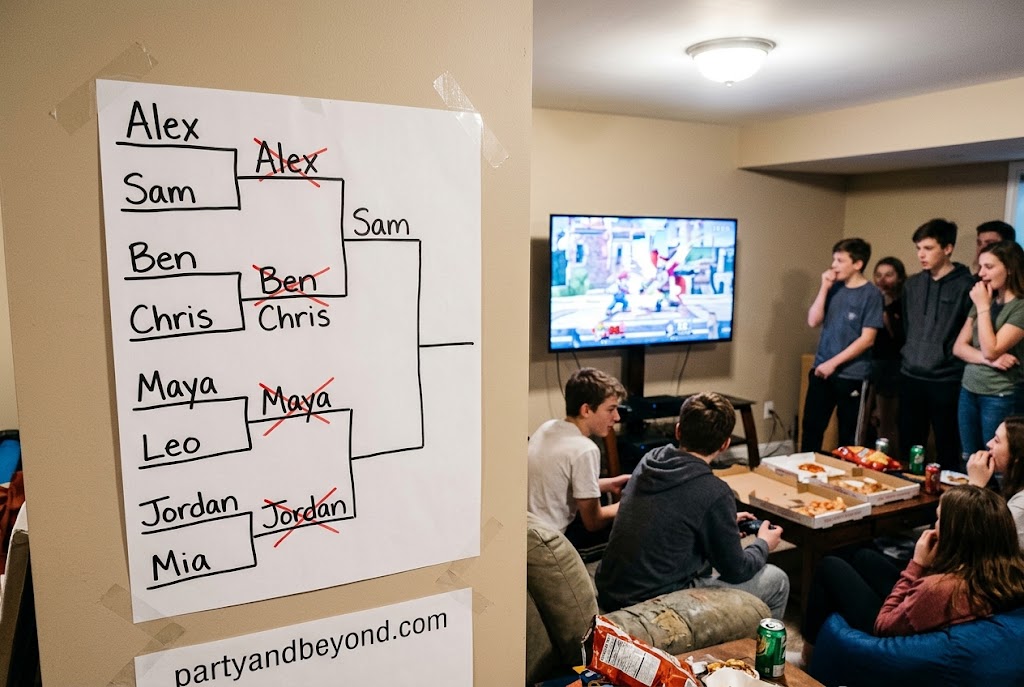 Teenage boys competing in a gaming tournament with a printed bracket