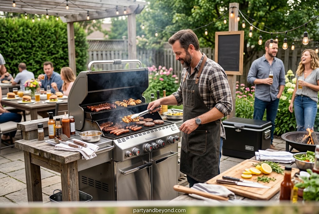 Organized BBQ grill station with grilling tools and serving platters