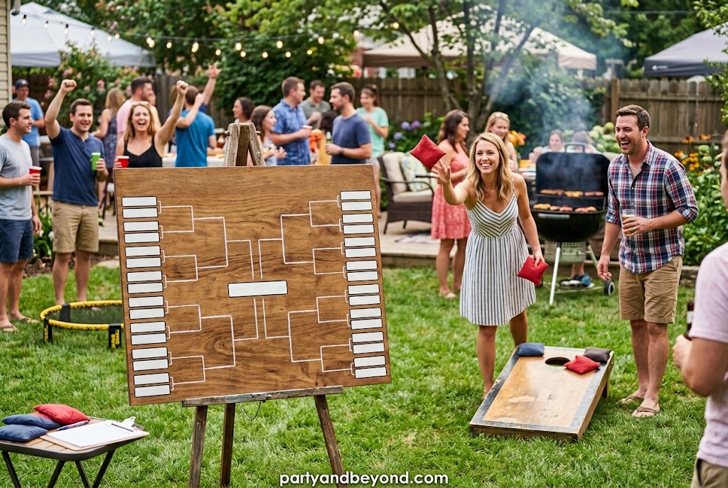 Friends playing cornhole during a backyard BBQ party