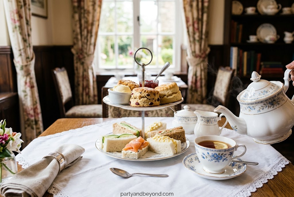 Classic English afternoon tea table with tiered tray, roses, and vintage teacups