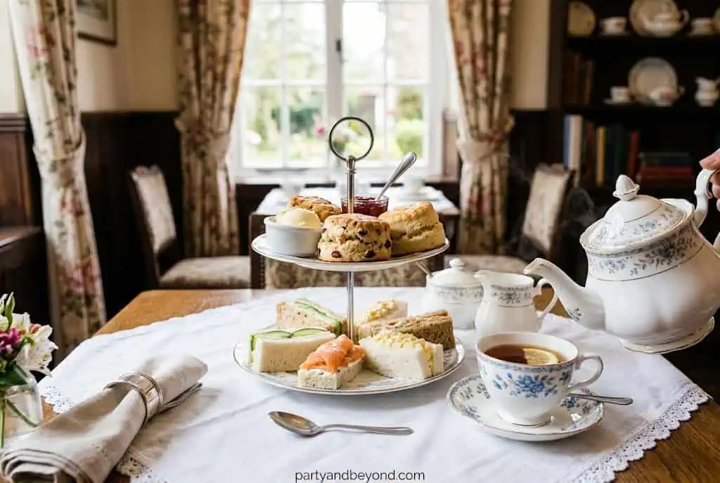Classic English afternoon tea table with tiered tray, roses, and vintage teacups